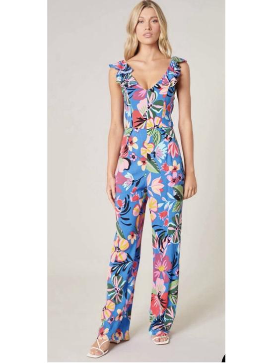 Sugarlips Pants - Sugarlips Inez Tropic Floral Ruffle V-Neck Tie Back Jumpsuit size M